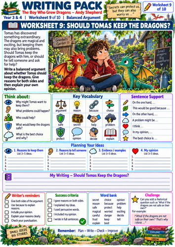 The Boy Who Grew Dragons by Andy Shepherd – 10 Writing Worksheets | Year 3–4 KS2 English