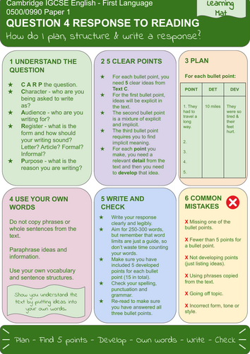 Cambridge IGCSE First Language English 0500/0990 - Paper 1 Q4 Response to Reading Learning Mat