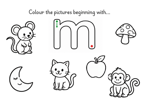 RWI inspired Set 1 Initial Sound Hunt Colouring Sheets | EYFS Phonics | m a s d t i n p g o