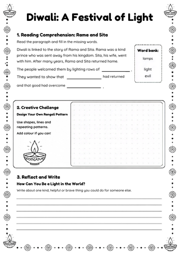 Diwali Worksheet | LKS2 | Reading Comprehension, Rangoli & Reflection