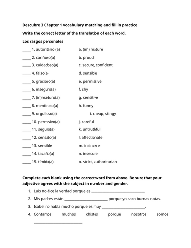 Descubre 3 Chapter 1 vocabulary matching and fill in practice