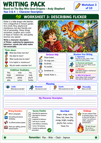 The Boy Who Grew Dragons by Andy Shepherd – 10 Writing Worksheets | Year 3 & 4 KS2