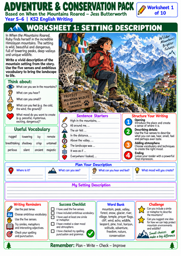 When the Mountains Roared by Jess Butterworth – 10 Writing Worksheets | Year 5 & 6 KS2