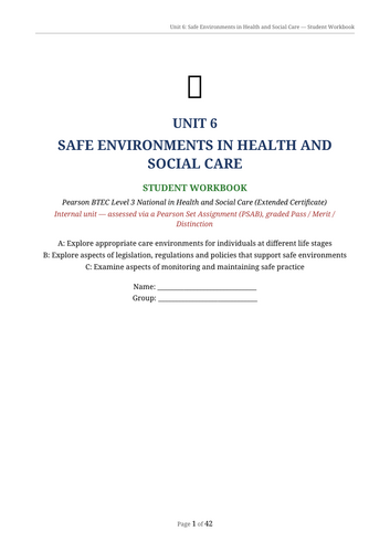 BTEC Unit 6 safe environments booklet