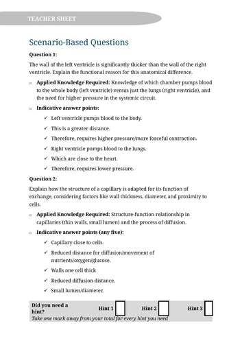 KS3 Circulatory System Application of Knowledge Questions