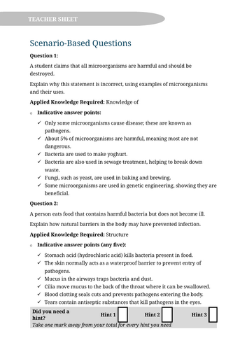 KS3 Microbiology Application of Knowledge Questions