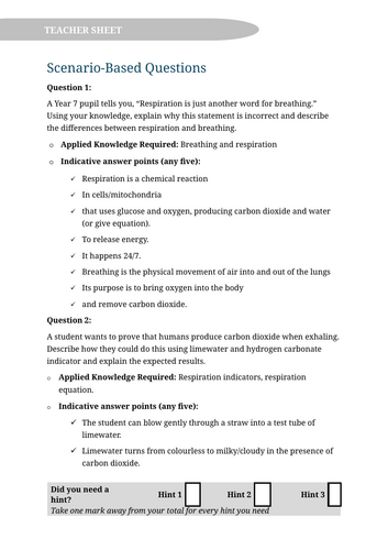 KS3 Respiration Application of Knowledge Questions