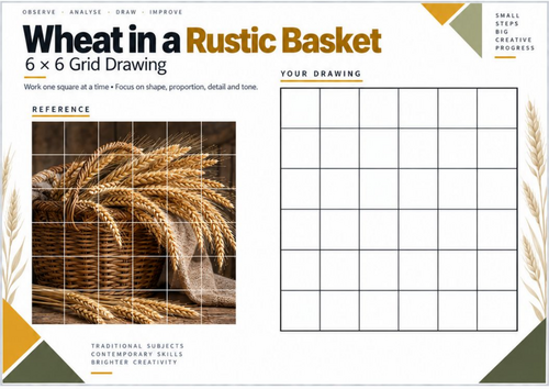 Wheat in a Rustic Basket Grid Drawing Worksheet | KS3 & KS4 Art