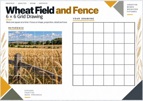 Wheat Field and Fence Grid Drawing Worksheet | KS3 & KS4 Art