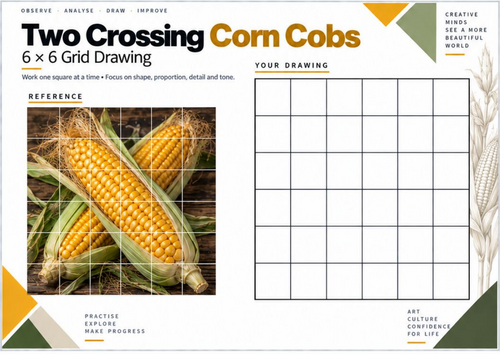 Two Crossing Corn Cobs Grid Drawing Worksheet | KS3 & KS4 Art
