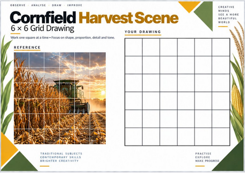 Cornfield Harvest Scene Grid Drawing Worksheet | KS3 & KS4 Art