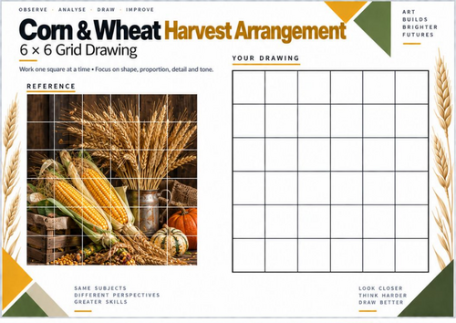 Corn & Wheat Harvest Arrangement Grid Drawing Worksheet | KS3 & KS4 Art
