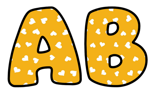 Golden Yellow White Hearts Bubble Letters | Bulletin Board Letters | Printable A-Z and 0-9