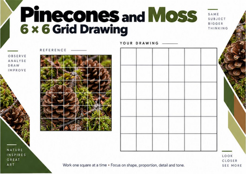 Pinecones and Moss Grid Drawing Worksheet | Woodland Texture | KS3 & KS4 Art