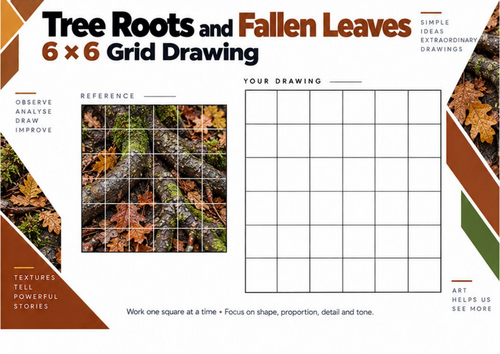 Tree Roots and Fallen Leaves Grid Drawing Worksheet | Autumn Art | KS3 & KS4