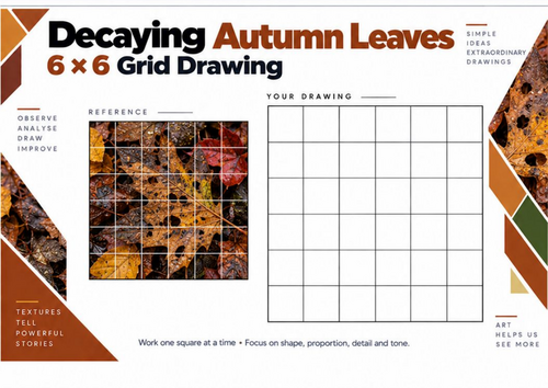 Decaying Autumn Leaves Grid Drawing Worksheet | Texture Study | KS3 & KS4 Art