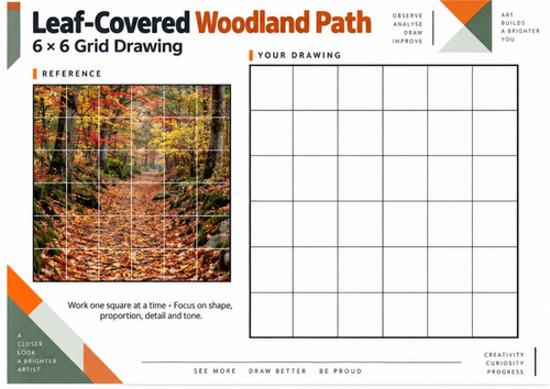 Leaf-Covered Woodland Path Grid Drawing Worksheet | KS3 KS4 Art