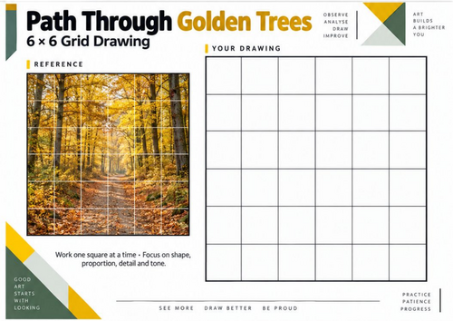 Path Through Golden Trees Grid Drawing Worksheet | KS3 KS4 Art