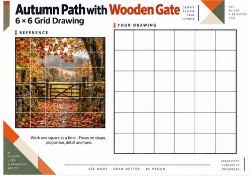 Autumn Path with Wooden Gate Grid Drawing Worksheet | KS3 KS4 Art