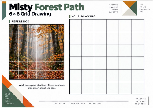 Misty Forest Path Grid Drawing Worksheet | KS3 KS4 Art