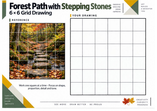 Forest Path with Stepping Stones Grid Drawing Worksheet | KS3 KS4 Art