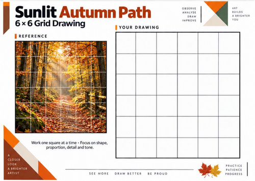Sunlit Autumn Path Grid Drawing Worksheet | KS3 KS4 Art