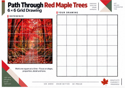 Red Maple Forest Path Grid Drawing Worksheet | Autumn Art KS3 KS4