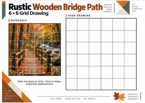 Rustic Wooden Bridge Grid Drawing Worksheet | Autumn Art KS3 KS4