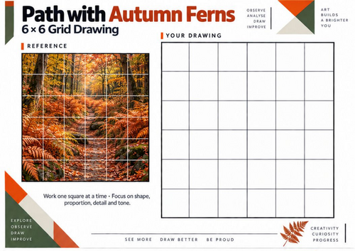 Autumn Fern Forest Path Grid Drawing Worksheet | KS3 KS4 Art