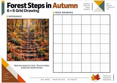 Forest Steps in Autumn Grid Drawing Worksheet | KS3 KS4 Art