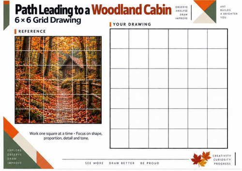 Woodland Cabin Path Grid Drawing Worksheet | Autumn Art KS3 KS4