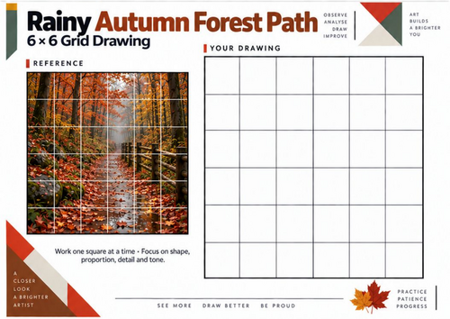 Rainy Autumn Forest Path Grid Drawing Worksheet | KS3 KS4 Art