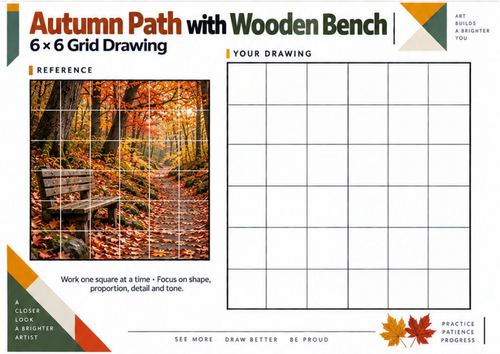 Autumn Path with Wooden Bench Grid Drawing Worksheet | KS3 KS4 Art