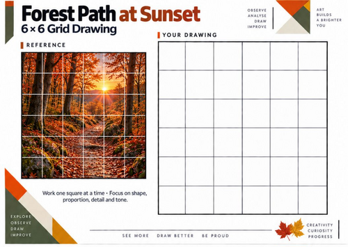 Forest Path at Sunset Grid Drawing Worksheet | Autumn Art KS3 KS4