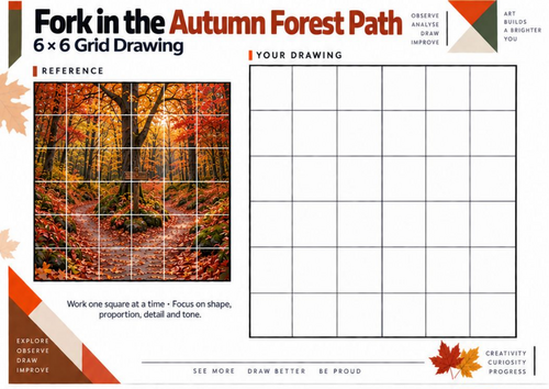 Fork in the Autumn Forest Path Grid Drawing Worksheet | KS3 KS4 Art