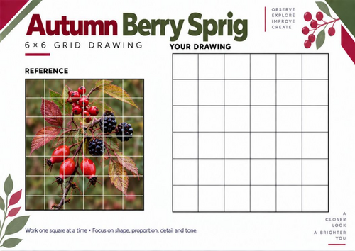 Autumn Berry Sprig Grid Drawing Worksheet | KS3 & KS4 Art