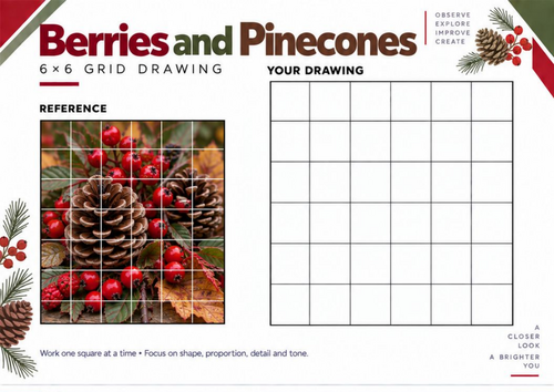 Berries and Pinecones Grid Drawing Worksheet | KS3 & KS4 Art