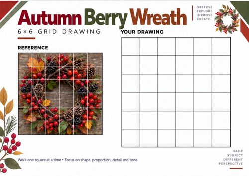 Autumn Berry Wreath Grid Drawing Worksheet | KS3 & KS4 Art