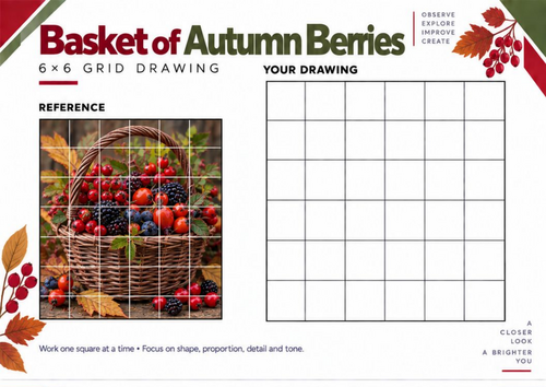 Basket of Autumn Berries Grid Drawing Worksheet | KS3 & KS4 Art
