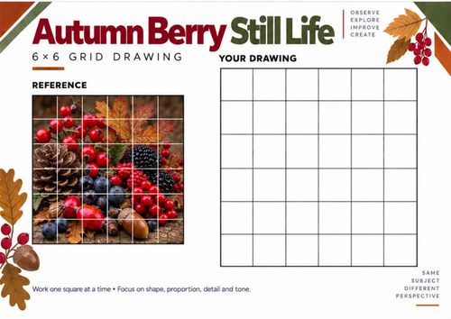 Autumn Berry Still Life Grid Drawing Worksheet | KS3 & KS4 Art