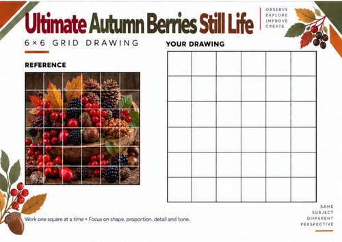 Ultimate Autumn Berries Still Life Grid Drawing Worksheet | KS3 & KS4 Art
