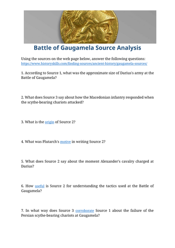 Alexander and the Battle of Gaugamela Source Analysis Worksheet