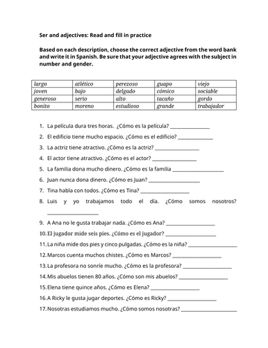 Ser Estar with adjectives fill in practice