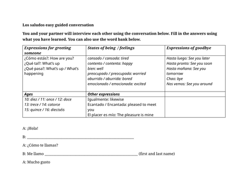 Los saludos easy guided conversation (Spanish 1)