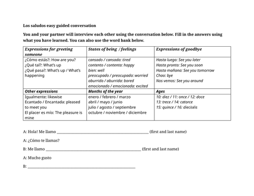 Los saludos easy guided conversation (Spanish 1)