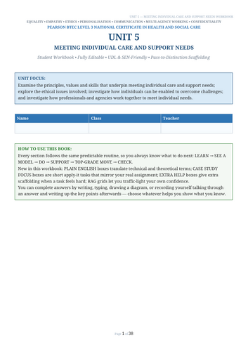 BTEC Social Care Unit 5 Meeting Individual needs 35 page booklet
