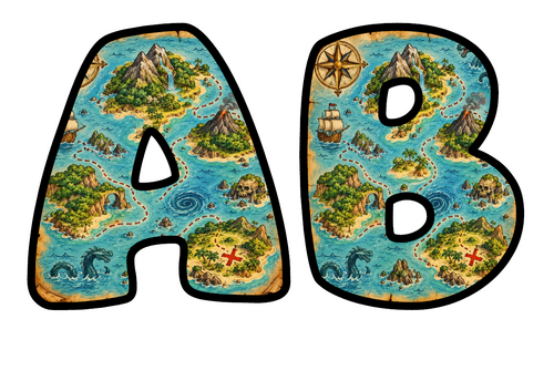 Treasure Map Bubble Letters | Bulletin Board Letters | Printable A-Z and 0-9