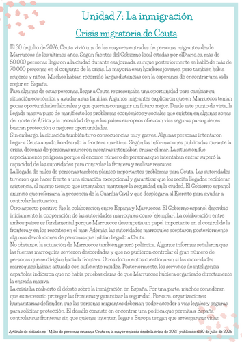 A-Level Spanish - Ceuta - La inmigración, el racismo, la convivencia (vocab, grammar, reading)