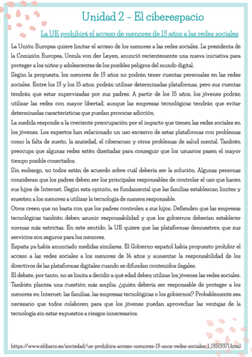 A-Level Spanish - Ciberespacio -EU, jóvenes y RRSS (news article|grammar|vocab|reading)