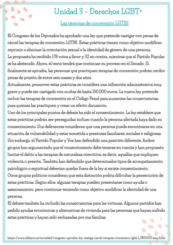 A-Level Spanish - Derechos LGTB+ Terapias de conversión (news article|vocab|grammar|reading)